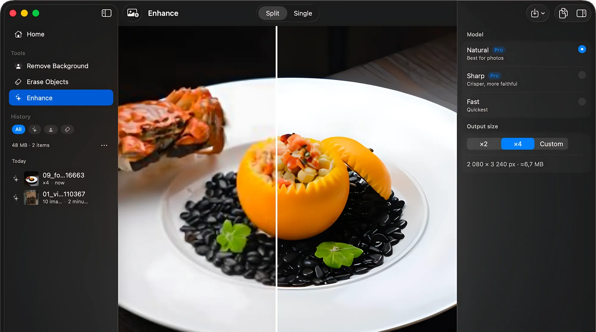 Snip for Mac enhancing a food photo, before and after comparison