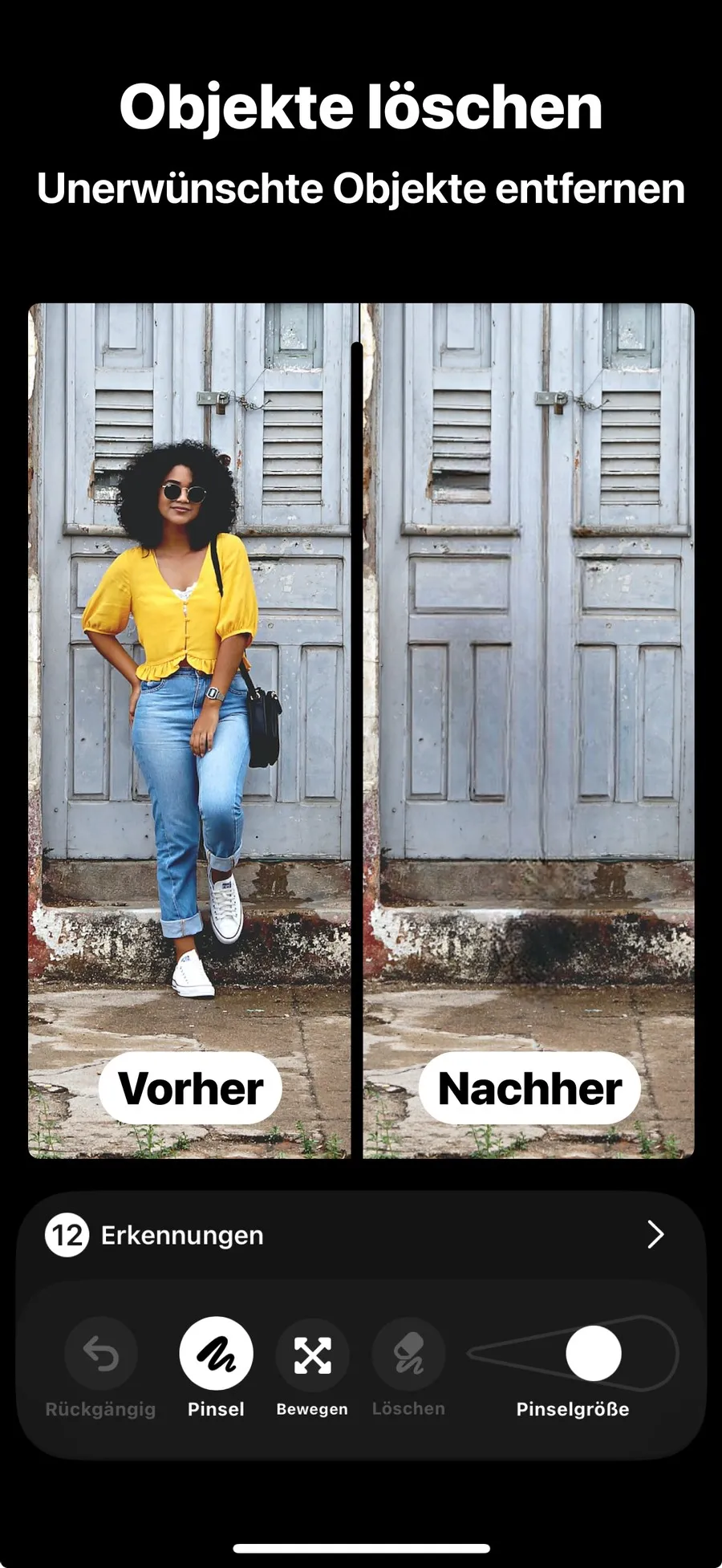 Snip auf dem iPhone entfernt eine Person aus einem Foto, vorher und nachher