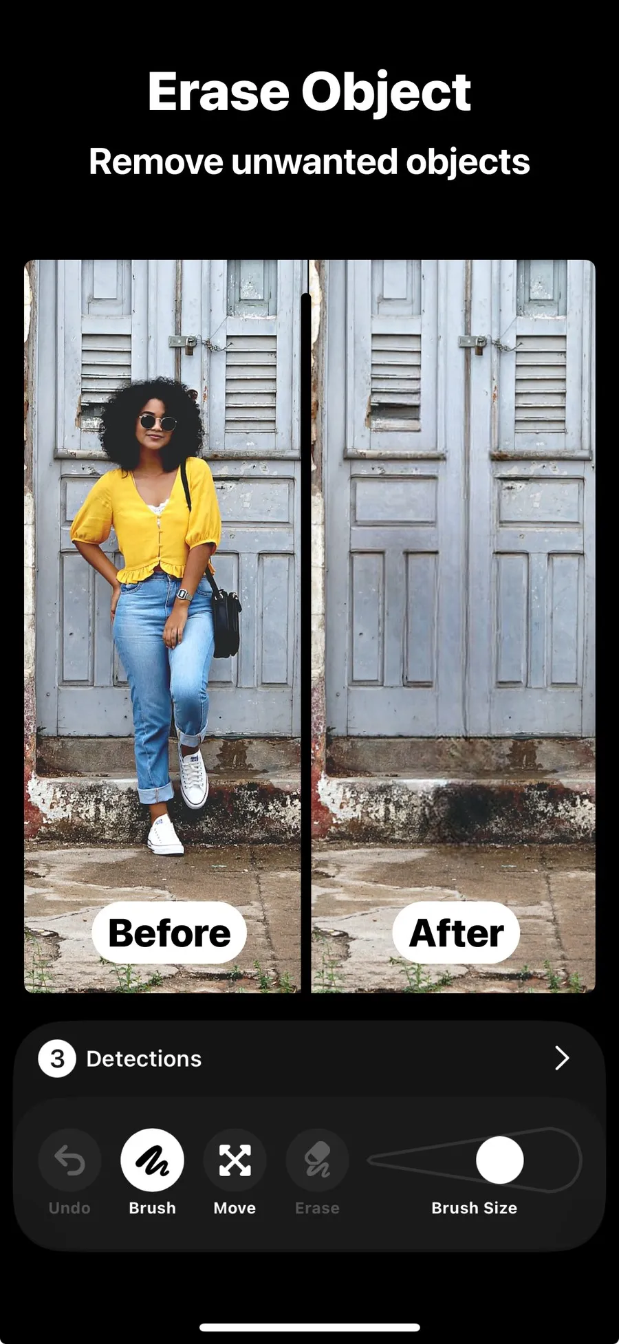 Snip on iPhone erasing a person from a photo, before and after