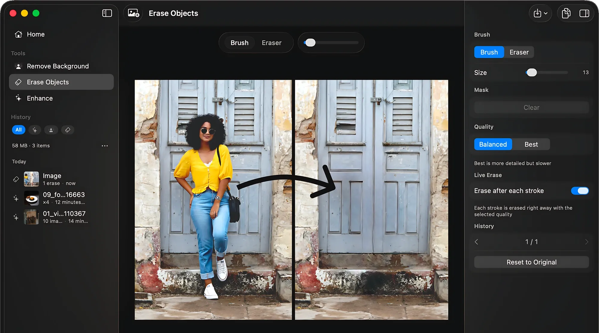 Snip for Mac erasing a person from a street photo, before and after