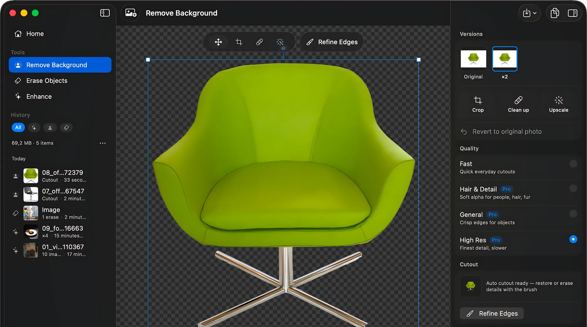 Snip for Mac removing the background from a photo of a chair